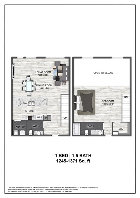 Floor plan for 1 bed, 1.5 baths, 1245 sqft